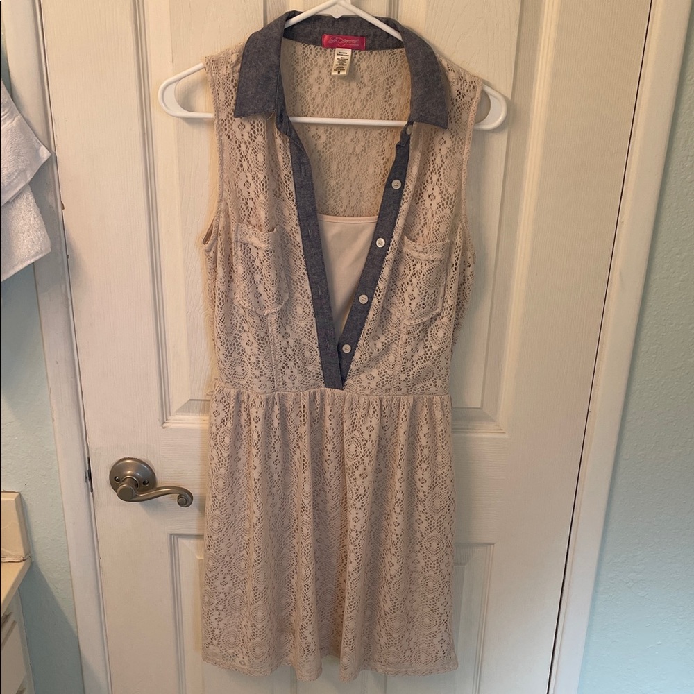 Country Style Cream Lace Dress with Denim Collar